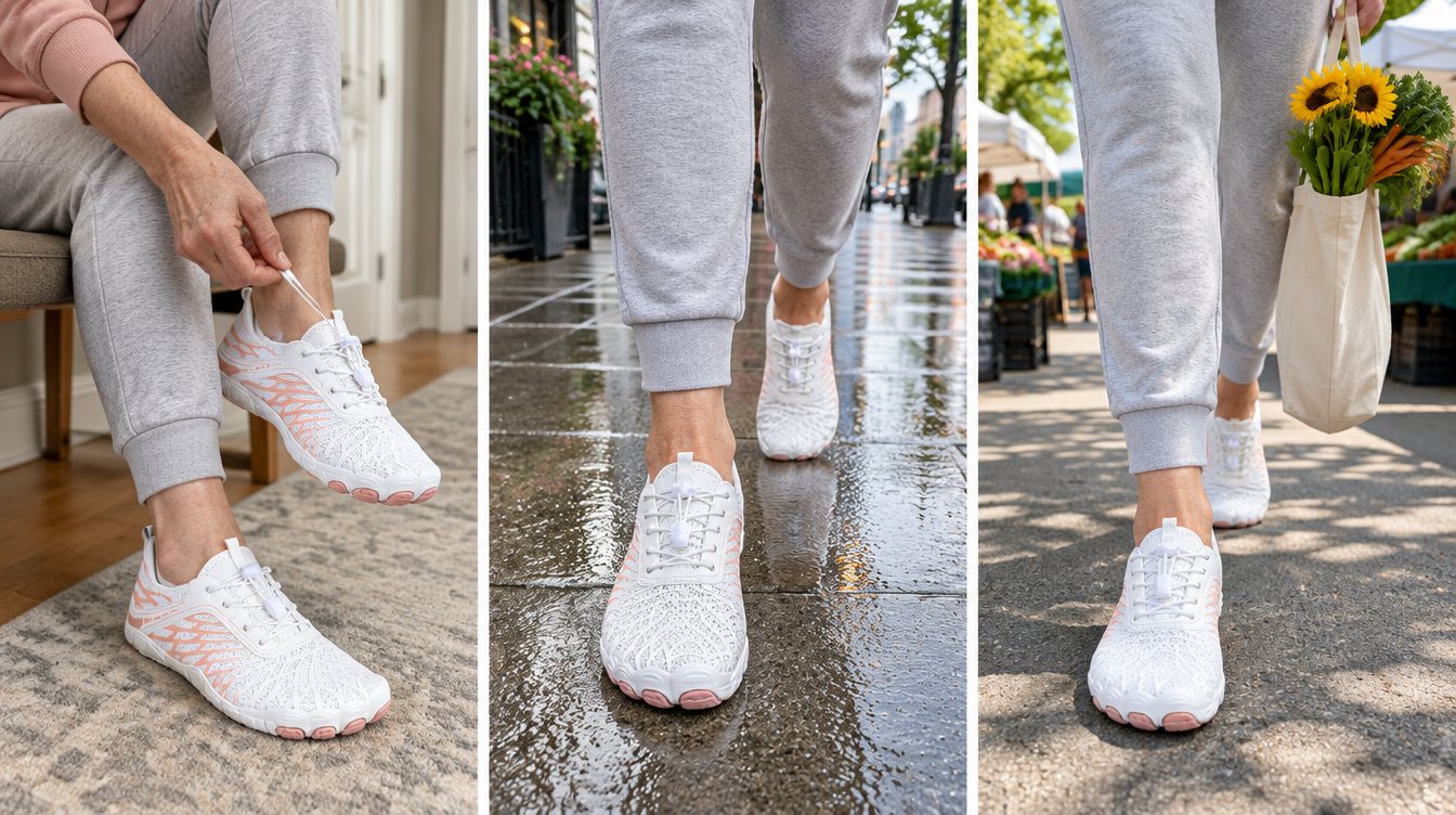 A woman putting on white barefoot sneakers, walking on a wet sidewalk and at a market
