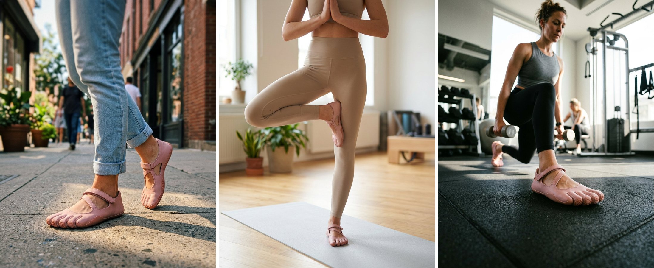 Woman wearing toe shoes while walking, doing yoga and training at the gym