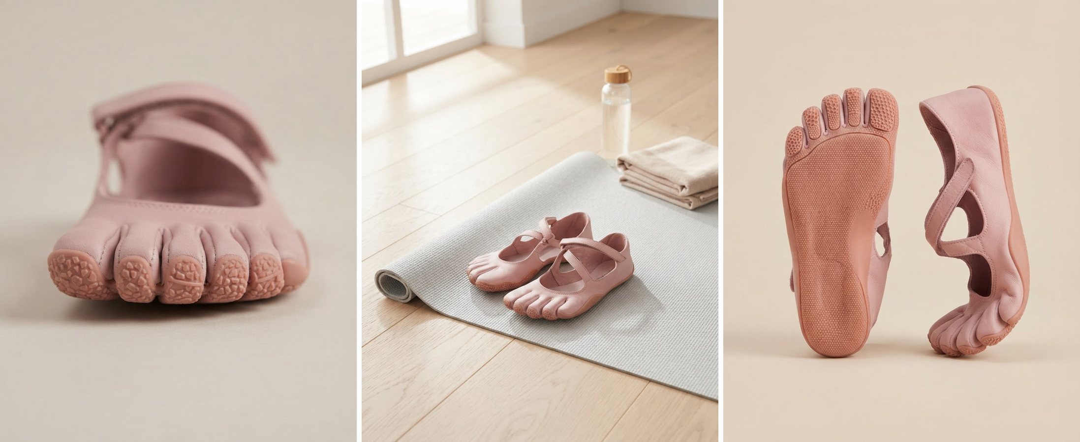 BarefootGo Five-Toe Shoes: toe pockets close-up, the pair on a yoga mat, and the flexible rubber sole